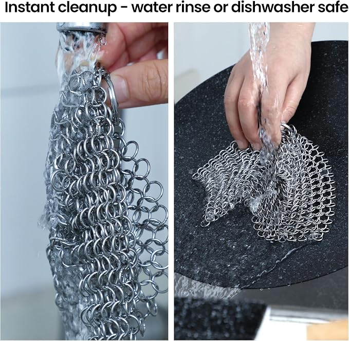 TOPULORS 316L Stainless Steel Cast Iron Scrubber Chaimmail Link 7 in Round | Suitable For Skillets, Griddles, Grills, Pans, And Other Cookware, Remove Stuck-On Food Without Stripping Seasoning