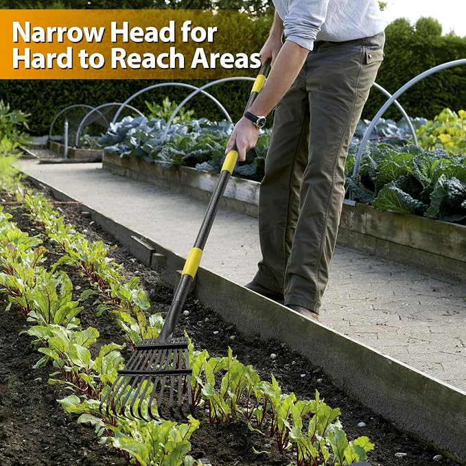 Rake for Leaves, Leaf Garden Rake, Yard Rakes for Lawns Heavy Duty, Metal Tools with 9" Small Narrow Head, 37”-79” Adjustable Long Handle, 11 Steel Tines, Quick Clean up Tool for Shrub, Camping