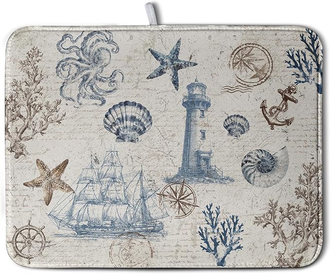 Nautical Coastal Dish Drying Mat for Kitchen Counter Summer Ocean Sailboat Starfish Seashell Absorbent Microfiber Dish Mat Reusable Washable Dish Drainer Rack Mat 18x24 Inch