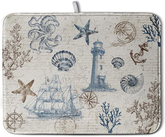 Nautical Coastal Dish Drying Mat for Kitchen Counter Summer Ocean Sailboat Starfish Seashell Absorbent Microfiber Dish Mat Reusable Washable Dish Drainer Rack Mat 18x24 Inch