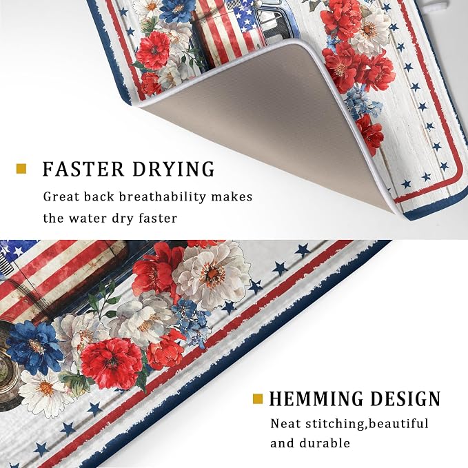 Patriotic Truck Dish Drying Pad 4th of July Drying Mat for Kitchen Counter Coffee Bar Sinks 18 X 24 Inch