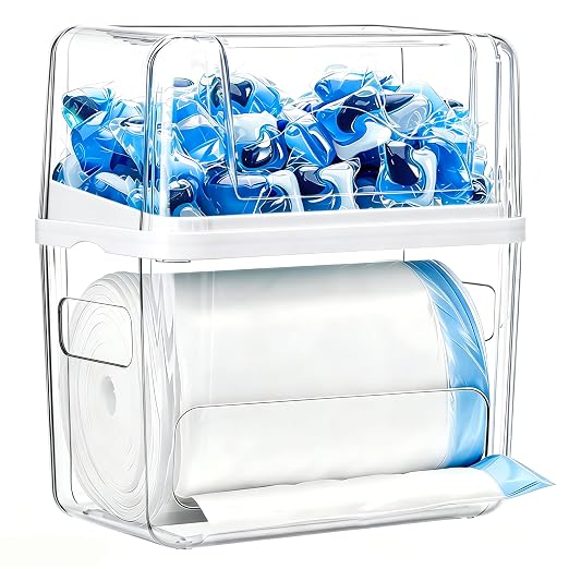 Trash Bag Dispenser with Laundry Pod Storage, Clear Under Sink Organizer | 3-in-1 Stackable Cabinet Bin, Laundry Pod Storage, Trash Bag Dispenser Fits 13/30/33/42 Gallon Garbage Bags