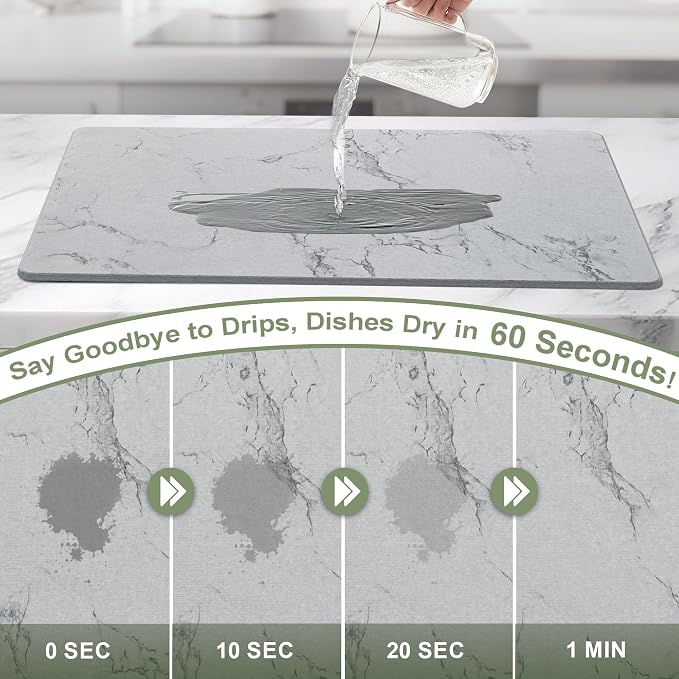 Large Stone Drying Mat for Kitchen Counter, 24" × 16" Diatomite Dish Drying Mat, Quick Dry Stone Mats, Ultra Absorbent Natural Diatomaceous Earth Mats for Dished, Bottles, Grey Marble