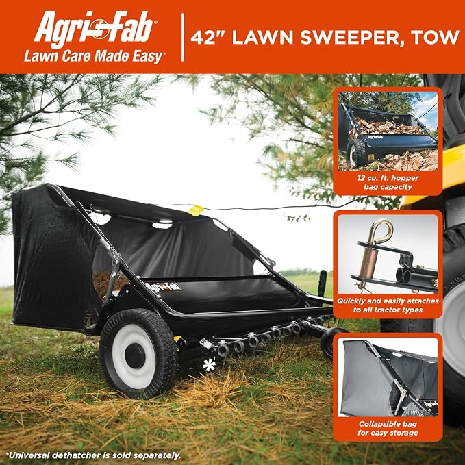Agri-Fab 42 In Tow-Behind Lawn Sweeper with 12 Cu Ft Hopper Bag, Adjustable Brush Height and Easy Dump Rope