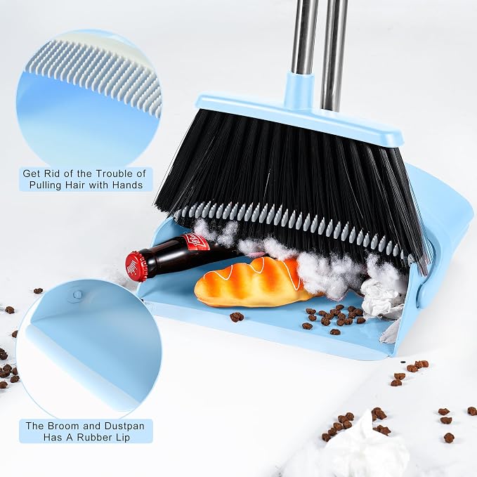 BSKLIN Broom and Dustpan Set for Home, 52" Long Handle Broom Set with Dustpan Teeth to Clean Hair Sweeping Indoor and Outdoor (Blue)