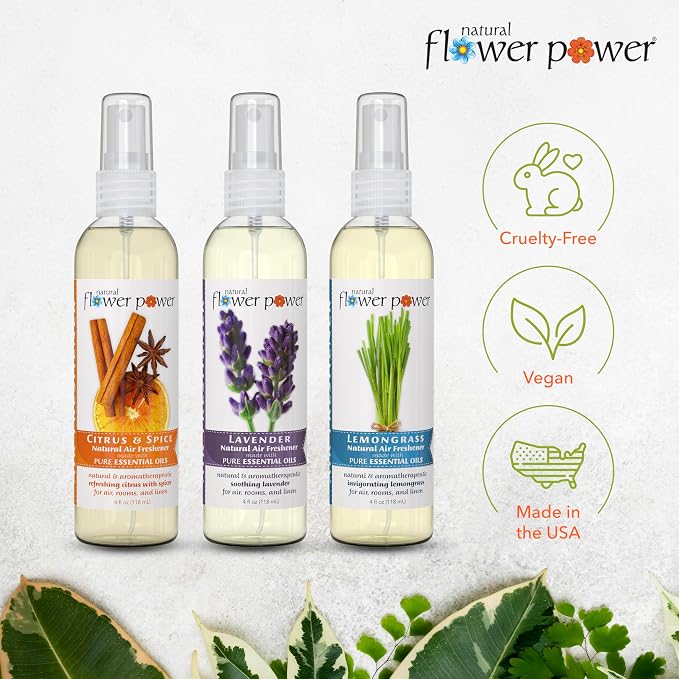 Natural Flower Power Air Freshener Spray Refills - Odor Eliminator w/Essential Oils - Home, Car & Fabric - Cruelty Free & Vegan - Variety Pack - Citrus & Spice, Lavender, Lemongrass - 3 x 16 fl oz
