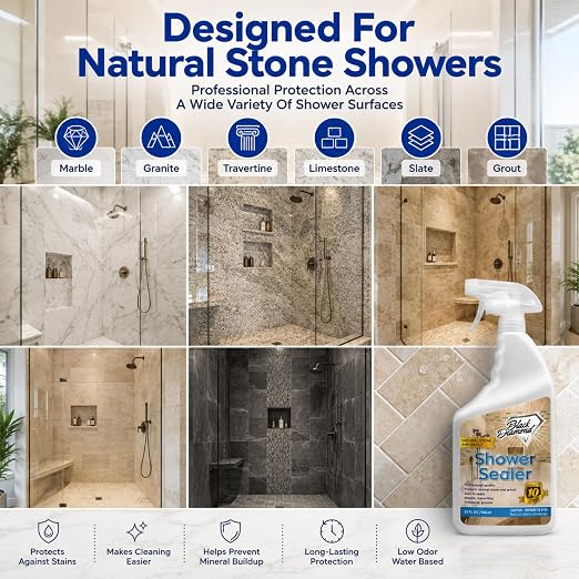 Black Diamond Stoneworks Natural Stone Shower Sealer – Penetrating Water-Based Sealer for Marble, Granite, Travertine, Limestone & Grout – Water & Stain Protection. 1-Quart