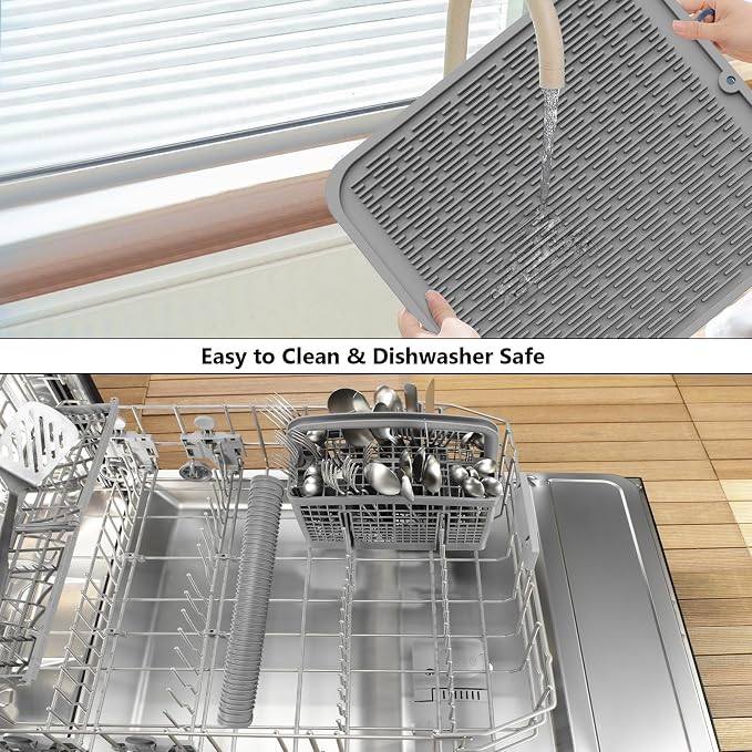 ZLR 2 Pcs Heavy-Duty Silicone Dish Drying Mat (16" x 18" / 401x455mm) - XL Family-Size Thick 5mm Drainboard for Pots, Pans & Heavy Cookware - Oversized Trivet & Counter Protector, Non-Slip (Dark Gray)