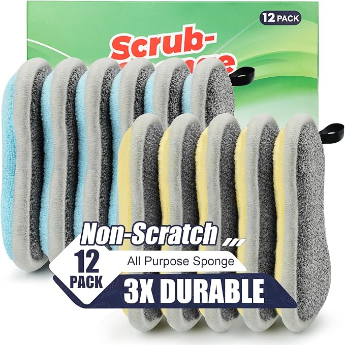 Dual Sided All-Purpose Sponges Kitchen,Dish Sponge for Washing Dishes Cleaning Kitchen,Non Scratch,Rough Scrubbers for Non-Stick Cookware, Soft Microfiber Scrub for Dishes(12 Pack)