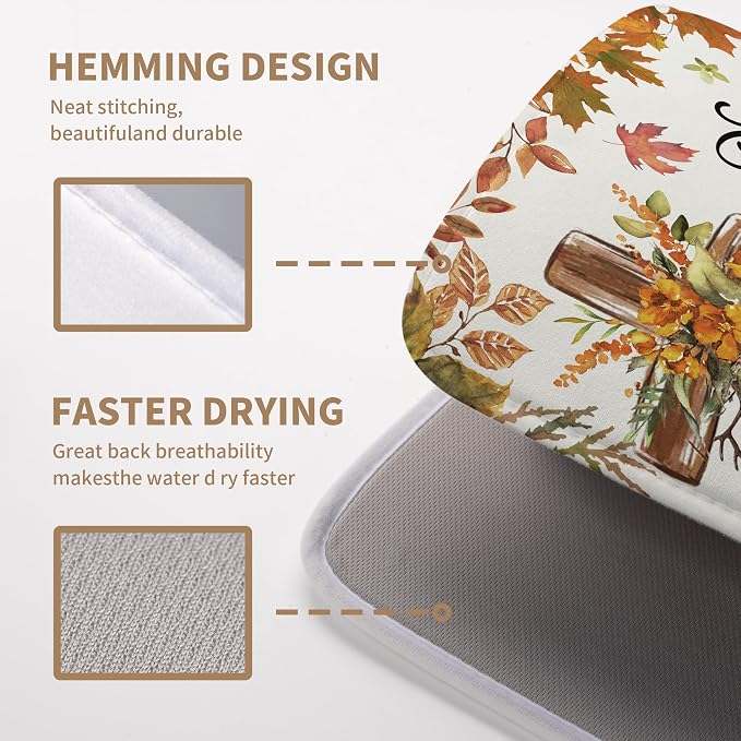 Fall Drying Mat for Kitchen Counter Autumn Thanksgiving Pumpkin Cross Dish Mat Sunflower Maple Leaf Absorbent Microfiber Dish Draining Mat Reusable Dishes Pad Extra Large 18"x24"