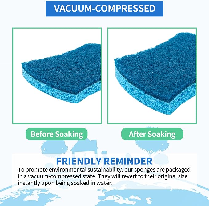Non-Scratch Cellulose Scrub Sponges 24 Pack, Kitchen Sponge with Double-Side & Ergonomic Design. Sturdy Sponge for Dishes, Coated Cookware, Sink, Countertops.