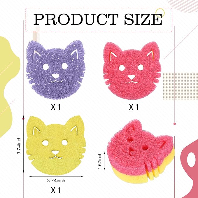 FillTouch 3 Pcs Dual Sided Scrub Sponge Multi Functional Cute Temperature Sensitive Non Scratch Dish Sponge for Washing Dishes Kitchen Bathroom(Cat,Pink, Yellow, Purple)