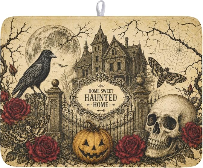 Halloween Pumpkin Dish Drying Mat for Kitchen Counter 18 x 24 Inch Ghost Castle Dish Drainer Mat Absorbent Microfiber Rose Skull Crow Dish Rack Pad for Coffee Dining Bar Decor
