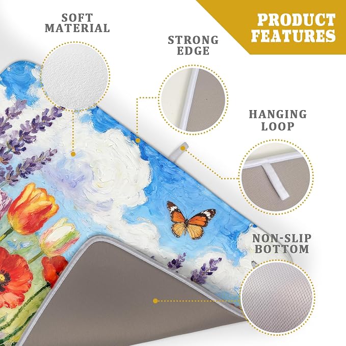 Spring Dish Drying Mat for Kitchen Counter 18x24, Floral Decorative Absorbent Reversible Microfiber Kitchen Countertop Protector Dishes Drainer Pad, Flower Butterfly