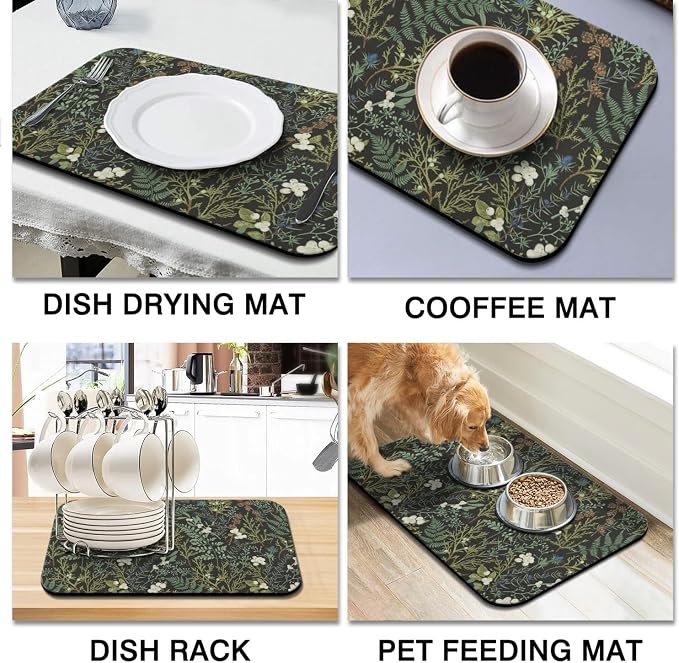 Dish Drying Mat 2-Pack with Botanical for Kitchen Counter Absorbent Dishes | Diatom Mud Mats (18x24, 19.5x12"). Non-slip rubber back for kitchen counter, coffee bar & sink scenes