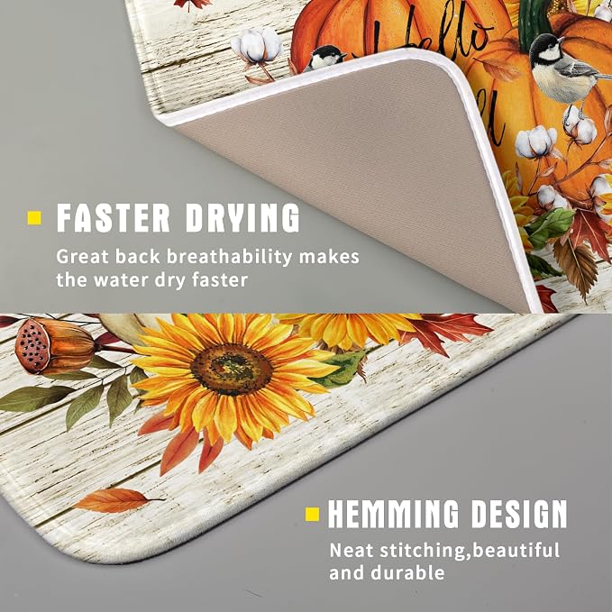 Hello Fall Dish Drying Mat Autumn Pumpkin Dish Drainer Rack Mats 16"x18" Fast Dry Microfiber Dish Drying Pad for Kitchen Countertop Table