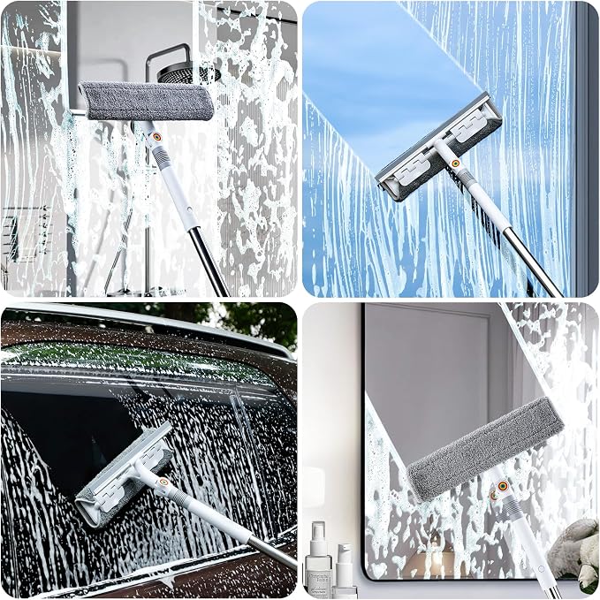 funest 126‘’ Squeegee for Window Cleaning, 2-in-1 Window Cleaner Tool with Extension Pole, Rotatable Head for Indoor and Outdoor Glass Shower Glass Mirror Car RV Window Cleaning Kit