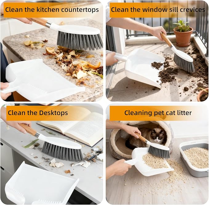 Small Broom and Dustpan Set, Multipurpose Dustpan and Brush Set with Wood Handle Teeth,13 x 8.7 inch, Hangable Portable Cleaning for Kitchen, Desktops, Bedroom, Pet Care, Camping, White,1 Set