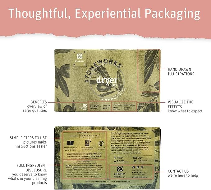 Grab Green Stoneworks Dryer Sheets, 160 Count, Birch Branch, Compostable | Softens fabrics; Reduces Static; Cruelty-free; Plant & Mineral Based; No Harsh Chemicals