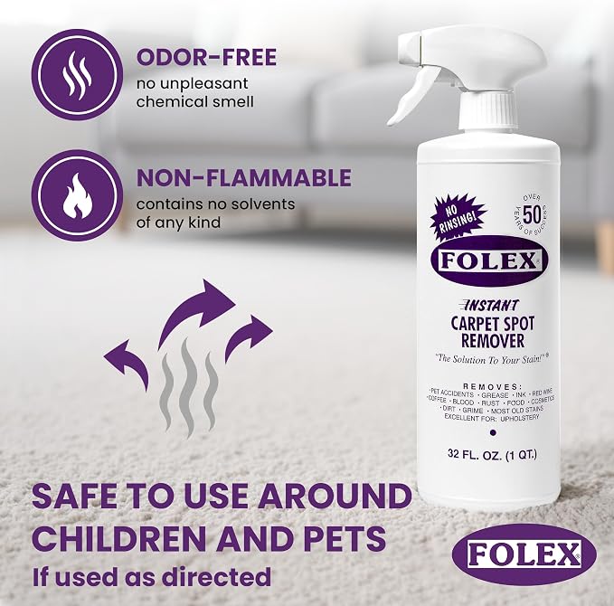 FOLEX Instant Carpet Spot Remover 32 oz – Powerful Stain Remover for Carpets, Upholstery & Rugs – Eliminates Pet Stains, Grease, Red Wine, Food, Makeup & More – With Reusable Cleaning Cloth - 3 Pack