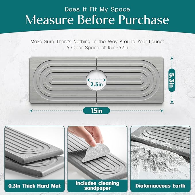 eormoe Faucet Mat for Kitchen Sink - Wider Diatomite Fast Drying Stone Sink Tray, Super Absorbent, Prevents Moisture Buildup - Faucet Splash Guard for Bathroom Counter (Grey, 15x5.3inch)