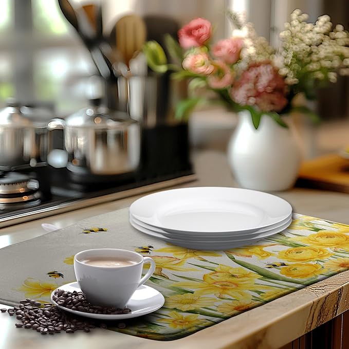 Spring Summer Daffodils Dish Drying Mats Spring Yellow Rose Dish Mat Drying Matt Floral Bee Dishes Dryer Pad for Kitchen Counter Absorbent Microfiber Washable Foldable Reusable 18x24 in
