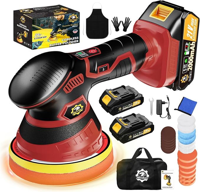 Cordless Car Buffer Polisher kit, DA Polisher with 2*21V Batteries | 2x 21V 2000mAh Batteries, 6-speed, LED Display, Random Orbital, 18 pcs Assorted Polishing Pads for Car Detailing-Red
