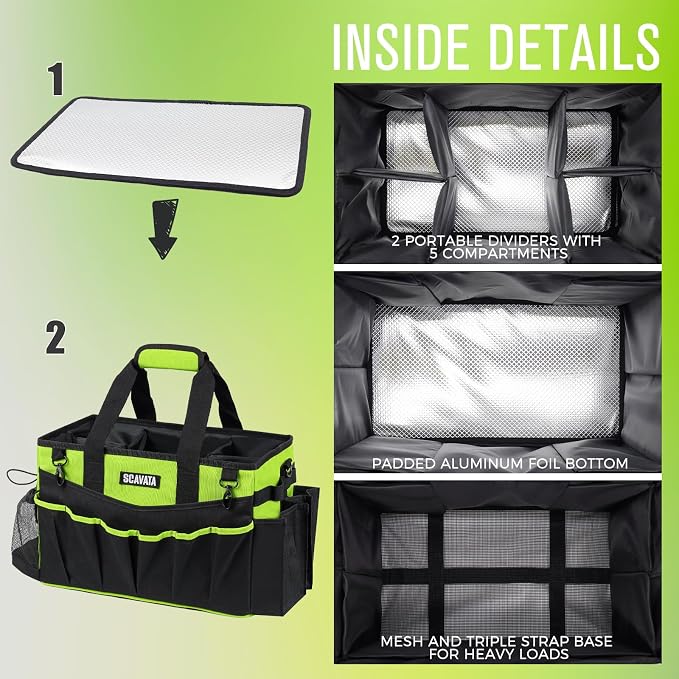 SCAVATA Wearable Cleaning Caddy Bag, Cleaning Caddy Supplies Organizer with Handle & Shoulder Straps for Housekeepers, Under Sink & Car Cleaning Tool Organizers with 4 Foldable Divider (NeonGreen)