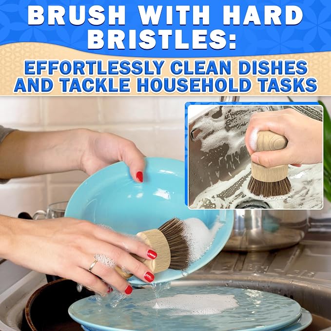 5 Pcs Bamboo Dish Brush Set, Non-Scratch Bristles, Replacement Head | Bamboo Dish Scrubber for Pots, Bottles & Vegetables; Soft for Delicate, Stiff for Stuck-On Messes; Bottle Brush Included