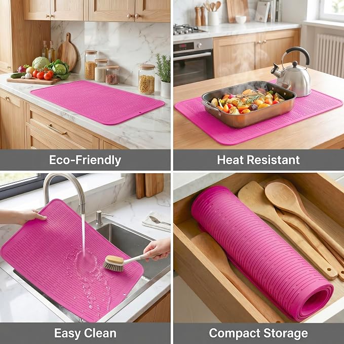 MicoYang Silicone Dish Drying Mat for Multiple Usage,Easy clean,Eco-friendly,Heat-resistant Silicone Mat for Kitchen Counter or Sink,Refrigerator or Drawer Liner Rose 3XL 28 inches x 18 inches