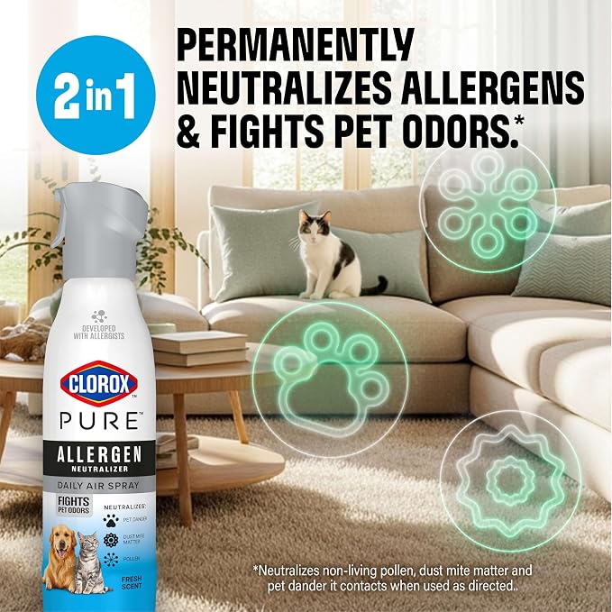Clorox PURE Allergen Neutralizer Daily Air Spray, Fights Pet Odors, Fresh Scent, 8 Ounces