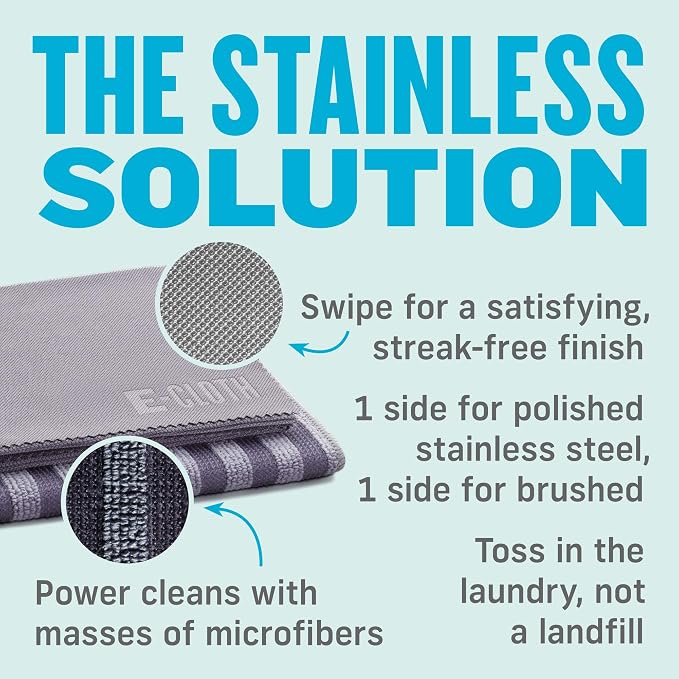 E-Cloth Stainless Steel Microfiber Cleaning Cloth Pack - Glass & Polishing + Stainless Steel Cleaner Cloth for Appliances, Cars & More, Reusable & Washable Microfiber Towels, Cleans with Water