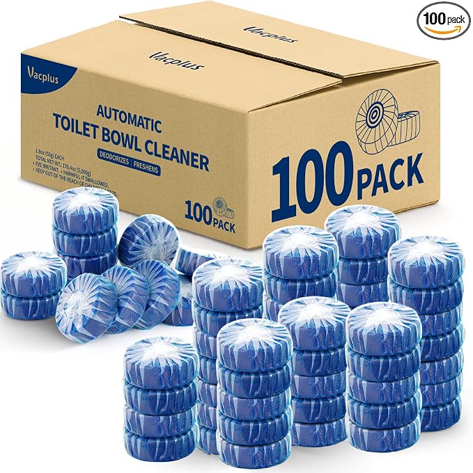Vacplus Automatic Toilet Bowl Cleaner Tablets, Drop-In Tank Cleaner for Bathroom, Prevent Stains & Deodorize, Long-Lasting Cleaning Tabs, Easy-Use Freshener for Bowl & Tank, 100 Pack