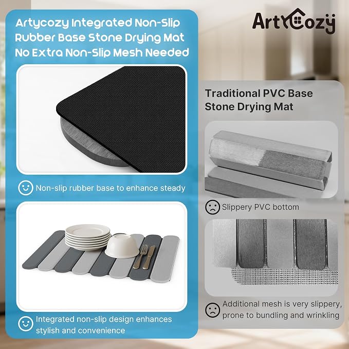 ArtyCozy Large Stone Dish Drying Mats with Non-Slip Rubber Back for Kitchen Counter, 24"×16", Space-Saving Foldable Quick Dry Absorbent Diatomaceous Earth Mat Dishes Bottles Cups Any Countertop