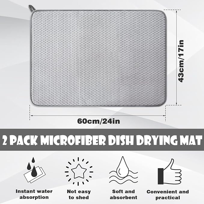 2 Pack Microfiber Dish Drying Mat,24 x 17 inch Super Absorbent Drying Pad,Large Size Dish Drying Mat for Countertops,Sinks,Draining Racks,Gray