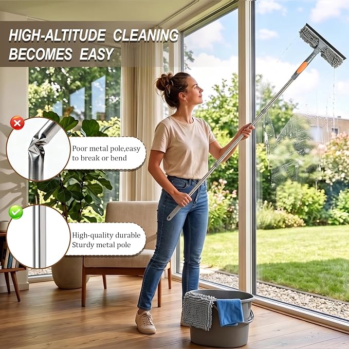 67" Window Squeegee for Window Cleaning with Extension Pole, 3-in-1 | Rotatable Lock Design,Stainless, Professional Window Cleaner Tool Kit for Indoor Outdoor High Windows,Car Glass,Shower Doors