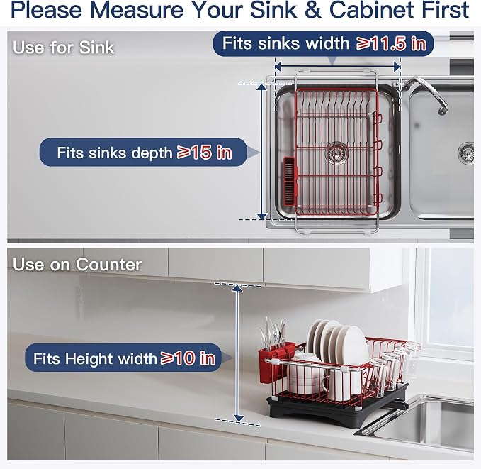 JASIWAY Red Dish Drying Rack in Sink, Expandable Stainless Steel Dish Drainers with Drainboard for Kitchen Counter, Space Saving Dish Dryer Rack, Over The Sink Dish Racks with Utensil Holder