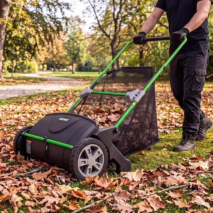 21-Inch Push Lawn Sweeper, Heavy Duty Manual Leaf & Grass Collector with 3.5 Cu. ft. Large Hopper Bag, Adjustable Height Spinning Brushes for Yard, Garden & Driveway