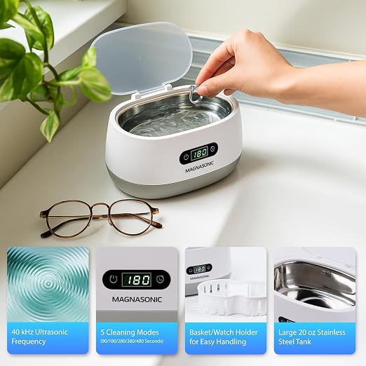 Magnasonic Ultrasonic Cleaner - 20oz Tank Ultrasonic Retainer Cleaner w/ 8oz Gem & Jewelry Cleaner Concentrate Solution, Digital Timer, 5 Cleaning Modes for Glasses, Rings, Dentures, Tools, Aligners