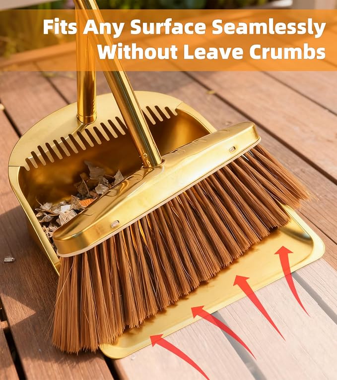 Gold Stainless Steel Broom and Dustpan Set, 2-Piece Long Handle Standing Pan with Comb Teeth, Heavy Duty Windproof Upright Design for Home, Kitchen, Indoor Outdoor Use