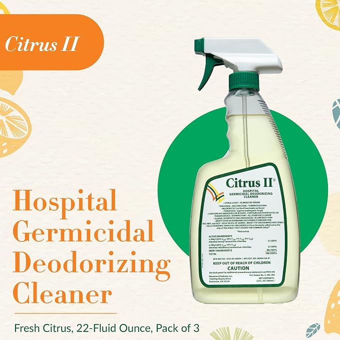 Citrus II Hospital Germicidal Deodorizing Cleaner - Fresh Citrus Scent - Disinfecting Spray Cleaner - 22 Fl Oz - Pack of 3