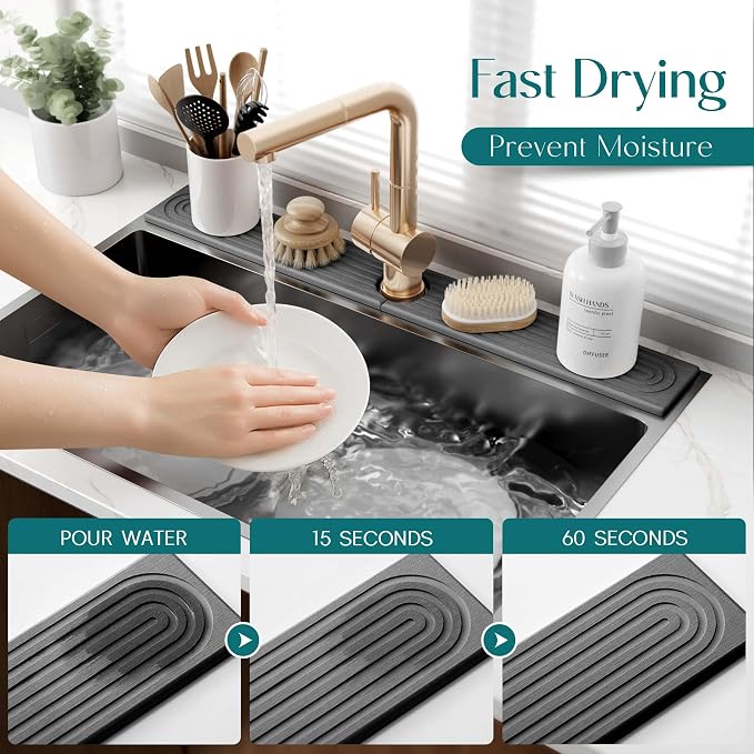 eormoe 30 inch Kitchen Faucet Absorbent Mat - Diatomaceous Earth Splash Guard for Sink Faucet, Aesthetic Water Absorbing Stone Tray in The Modern Home (30" x 3.9", Dark grey)