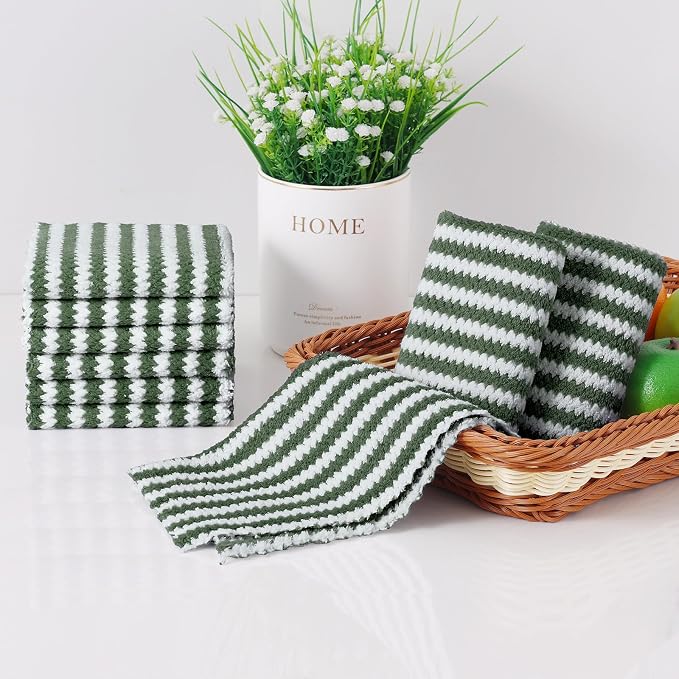 Homaxy 18 Pack Kitchen Dish Cloths, Ultra Soft and Absorbent Dish Towels, Reusable Fast Drying Microfiber Cleaning Cloth, Coral Velvet Wave Design No-lint, 10 x 10 inches, Grass Green