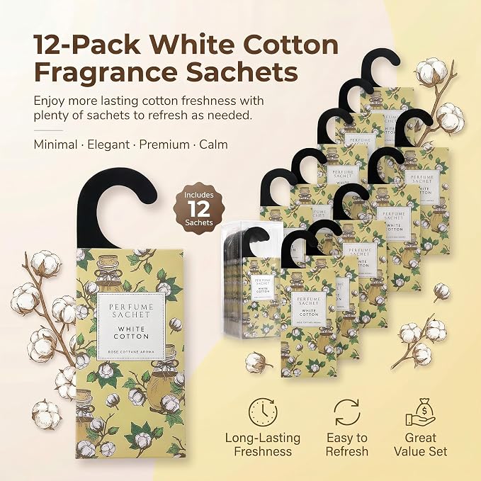 Large 12 Packs White Cotton Hanging Scented Sachets Long-Lasting Closet Deodorizer Air Freshener Fabric Refresher Odor Eliminator for Drawer Home Fragrance Gift Set
