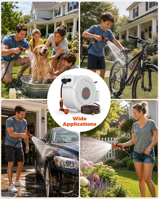 5/8 in 115ft Retractable Garden Hose Reel with Auto Rewind Any Length Lock Heavy Duty Hose Reel,9-Pattern Nozzle,180°Swivel,UV Resistant Wall Mount Water Hose Reel for Outdoor Garden Car Pet Patio
