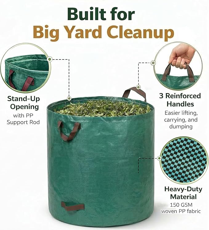 Professional 4-Pack 132 Gallon Gardening Bags for Lawn Yard, Extra Large Reusable Leaf Bags, Waste and Trash Container | Extra Large Garden Waste Bags for Lawn Cleanup, Holds Leaves, Grass Clippings with Durable Reusable Design