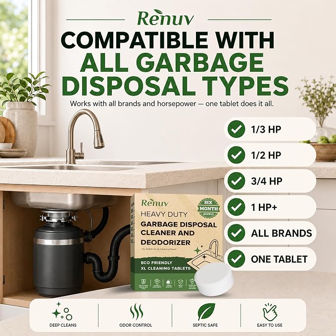 Renuv® Garbage Disposal Cleaner and Deodorizer Tablets, 6 XL Tablets | Foaming Citrus Scent, Drain Freshener, Kitchen Sink Odor Refresher For Garbage Disposer Cleaning