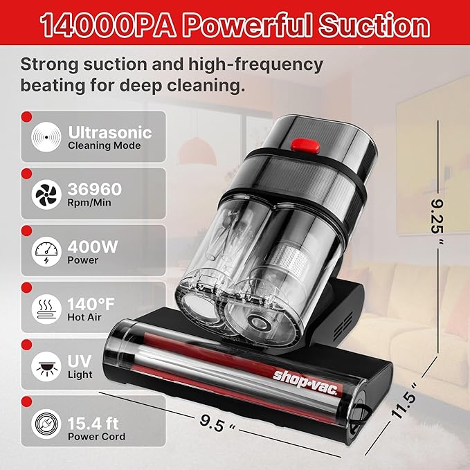 Shop-Vac Mattress Vacuum Cleaner, 14KPa Powerful Bed Vacuum, 5430326 | HEPA Filter & UV-C Light, Ultrasonic, 36960 Rpm/Min Tapping, Dual Cup Filtration, For Bed, Sofa, Couch, 400W, 15.4 Ft Corded