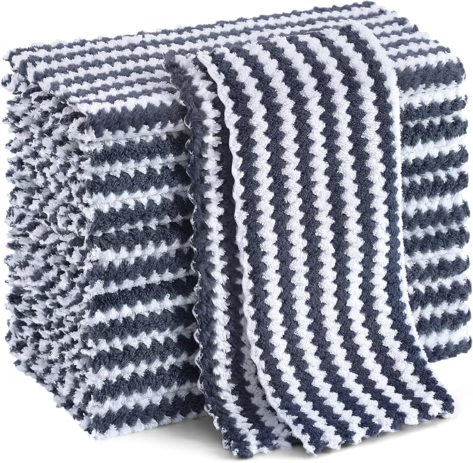 Homaxy 12 Pack Kitchen Dish Cloths, Ultra Soft and Absorbent Dish Towels, Reusable Fast Drying Microfiber Cleaning Cloth, Coral Velvet Wave Design No-lint, 10 x 10 inches, Dark Grey