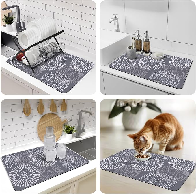 LuxStep Dish Drying Mat Super Absorbent Kitchen Counter Mat Rubber Backing Draining Mat Easy to Clean Kitchen Accessories Dish Rack Pad for Dishes, Utensils, Countertops, Sinks 16" x 24" Grey